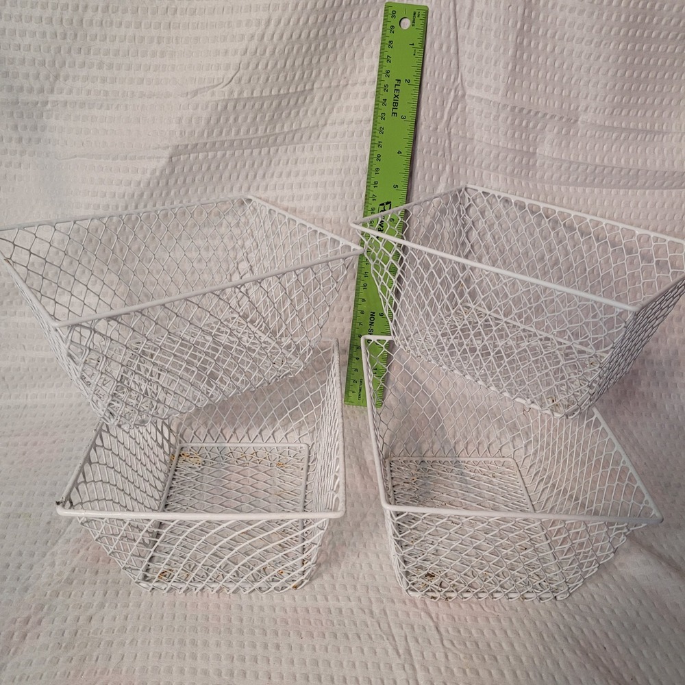 Set of 4 White Wire Mesh Storage Baskets Tapered Metal Organizers Bin